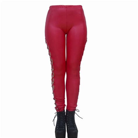 newly women high elastic thin leggings black red pu leather pants bandage cross ties leggings
