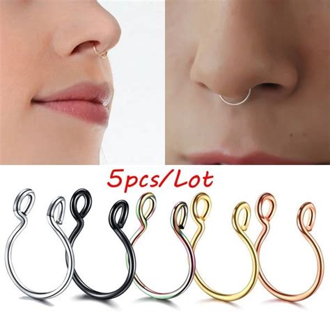 5pcslot 5colors Mixed Fake Nose Ring Hoop Septum Rings Stainless Steel Nose Piercing Fake