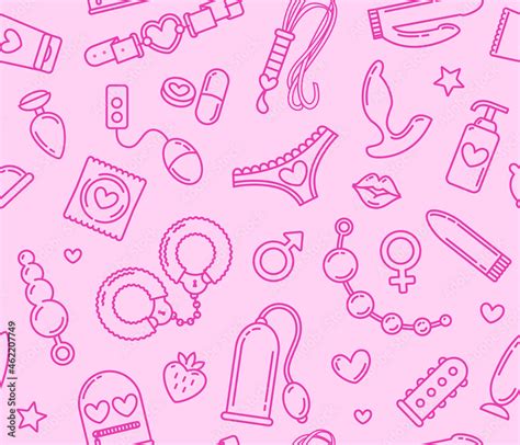 Adult Shop And Sex Toys Icons Seamless Pattern On Pink Background Linear Style Bdsm Roleplay