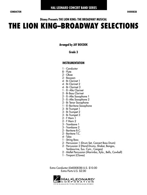The Lion King Broadway Selections Conductor Score Full Score