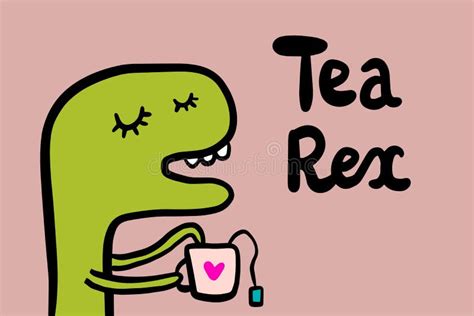 Tea Rex Hand Drawn Vector Illustration With Cute Dinosaur Drinking Hot