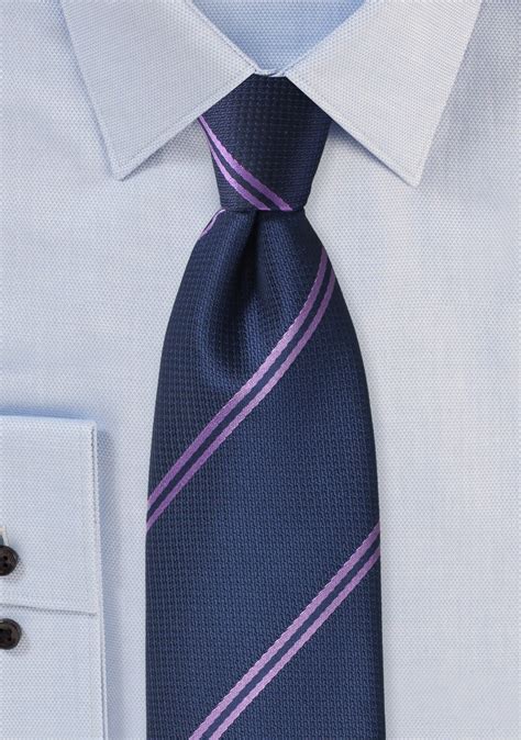 Navy Blue Tie With Lavender Double Stripes Bows N