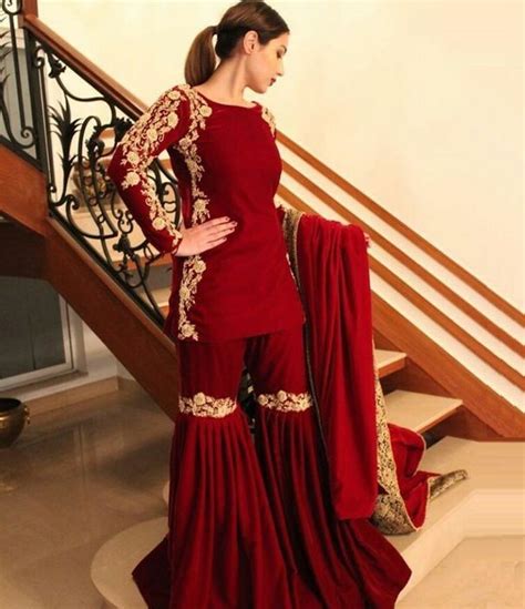 reddish maroon formal gold embroidered dress with sharara dress indian style indian fashion