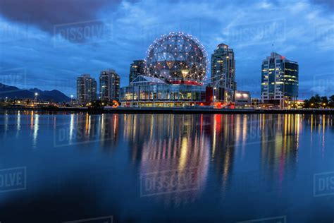 Canada Skyline Of Vancouver At Night With Telus World Of
