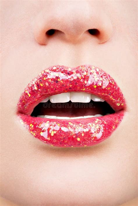 Beautiful Female Lips With Shiny Red Gloss Lipstick Stock Photo Image
