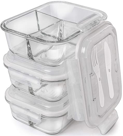 3 Pack Glass Meal Prep Containers 3 Compartment Food Storage