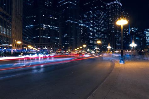 Long Exposure Of The Traffic In The Night Downtown Chicago Il Usa 09