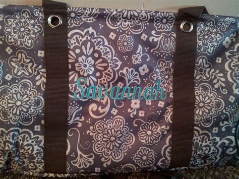 Thirty One Woodblock Floral Large Utility Tote With Turquoise Writing