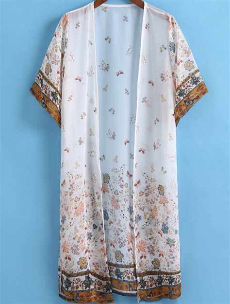 White Short Sleeve Floral Chiffon Kimono Sheinsheinside