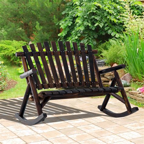 Perfect for your backyard, patio, or deck. Outsunny Outdoor Rustic Double Rocking Chair Adirondack Bench Fir Wood Char Log Slatted Design ...