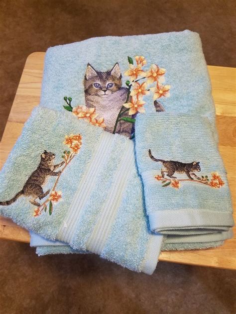cat embroidered bath towel set bath towel hand towel  etsy embroidered bath towels towel