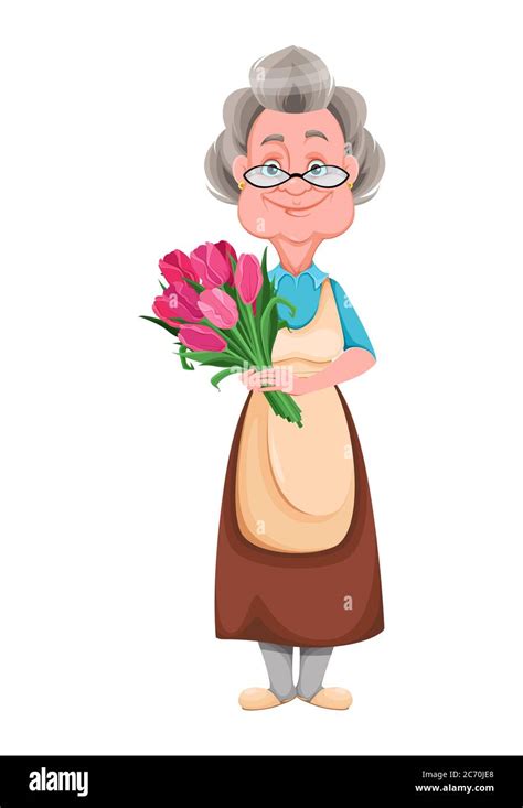 Happy Grandparents Day Kind Granny Holding A Bouquet Of Tulips Cute