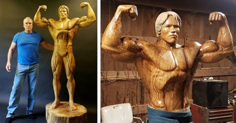 Sculptor Carves Life Sized Arnold Schwarzenegger Statue Out Of A Tree