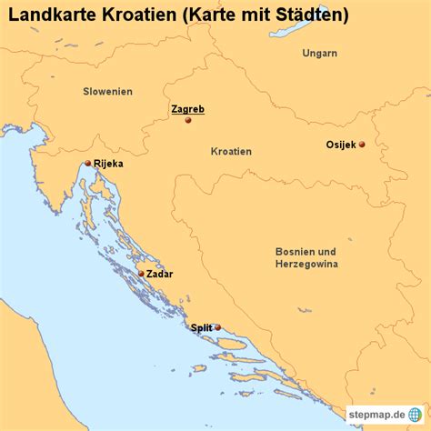 In kroatiens hauptstadt zagreb, welche im norden des landes liegt und die größte stadt in auf der karte von kroatien ist die küste zum adriatischen meer (mittelmeerausläufer, auch kroatische adria). StepMap - Landkarte Kroatien (Karte mit Städten ...