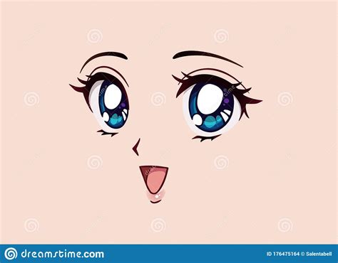 Happy Anime Face Manga Style Big Blue Eyes Little Nose And Kawaii