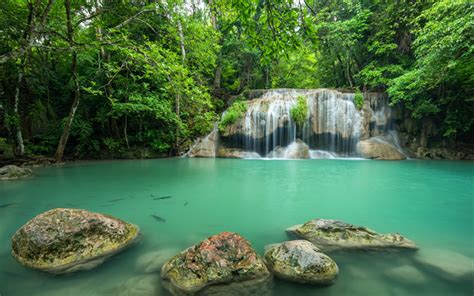 Download Wallpapers Beautiful Green Lake Waterfall Tropical Forest