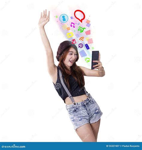 Pretty Girl Using Cellphone To Use Social Media Stock Image Image Of Modern Cheerful 55327407