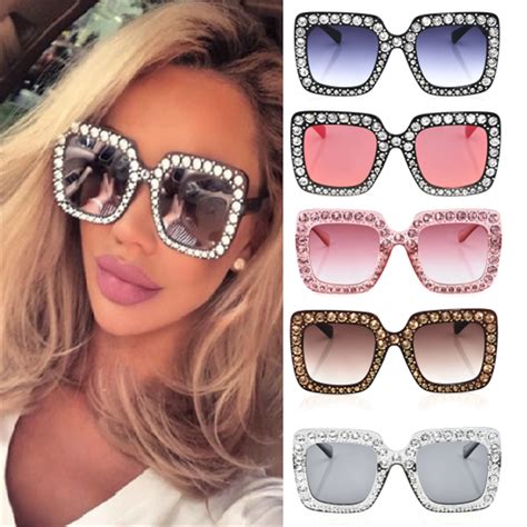 Womens Glasses Fashion Mirrored Bling Rhinestone Oversized Square Sunglasses Ebay