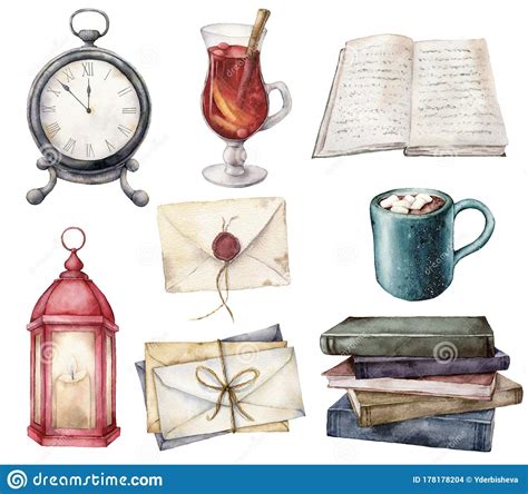 50% off b&n book club, #bnyabookclub and discover picks. Watercolor Card With Vintage Books, Envelopes, Mulled Wine And Cup Of Coffee. Hand Painted ...