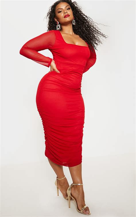 Plus Red Mesh Ruched Midi Dress Plus Size Prettylittlething Il
