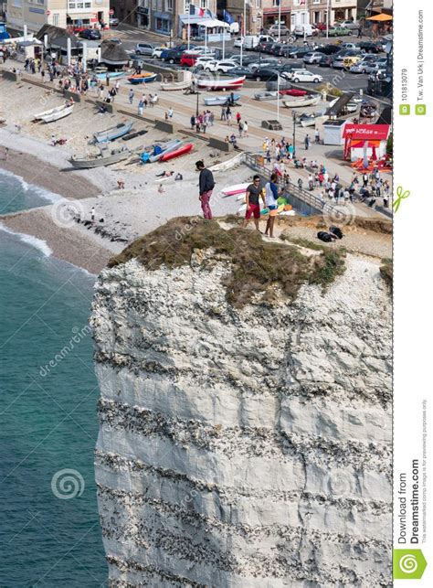 Aerial View Daredevil Standing At High Cliff In Normandy France