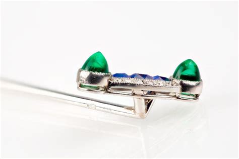 Tie Pin In Platinum With Emeralds Sapphires And Diamonds French Circa