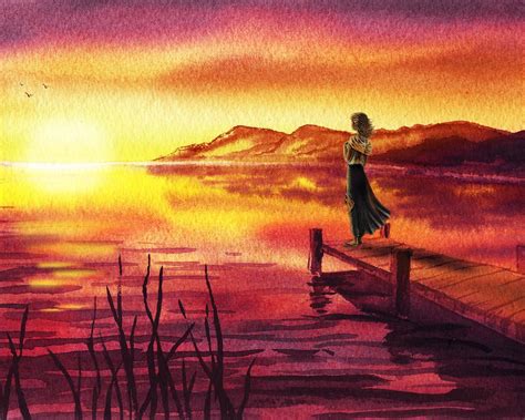 Girl Watching Sunset At The Lake Painting By Irina Sztukowski Sunset