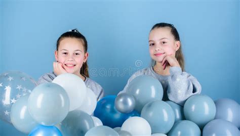 Balloon Theme Party Girls Little Siblings Near Air Balloons Birthday Party Happiness And