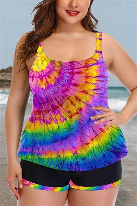 Women S Plus Size Rainbow Swirl Tie Dye Tankini With Shorts Square Neck Pocket Padded Two Piece