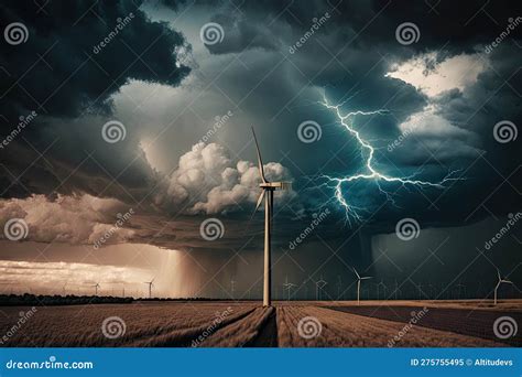Wind Turbine In A Stormy Sky With Lightning Strikes And Clouds Stock