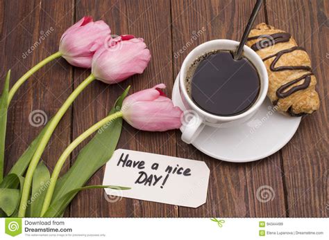 Cup Of Coffee Tulips Have A Nice Day Massage Stock Image Image Of