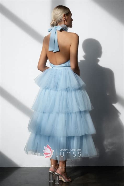 Backless Tiered Blue Tulle Airy Maxi Dress Lunss