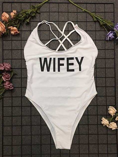 Calvary Women Wifey One Piece Letter Bikini Bodysuit Bather Beach Sexy