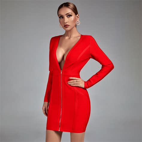 Red Long Sleeve Deep V Mini Bandage Dress Pp22088 Wolddress
