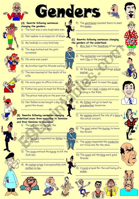 A Cartoon Character Worksheet With The Wordsgendersand An Image Of People