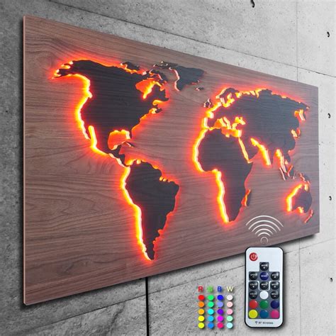 Led World Map With Wood Look In 3d Backlit Rgb Lighting With Remote
