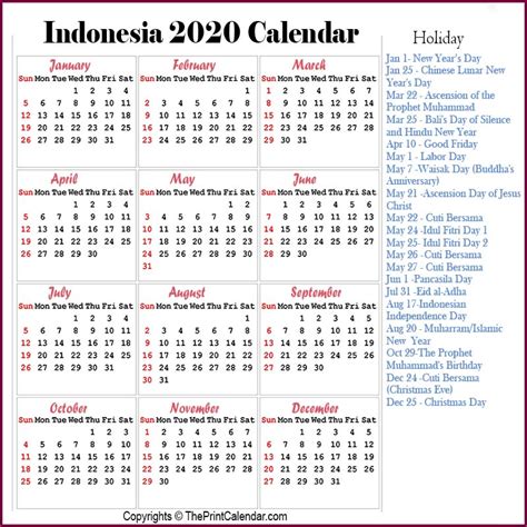 Calendar 2020 Indonesia Indonesia 2020 Yearly Printable Calendar