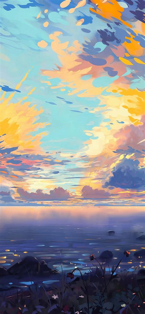 Download 1080x2340 Anime Girl Horizon Landscape Clouds Sunset