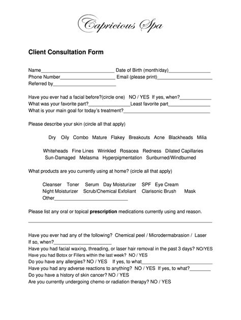 Capricious Spa Client Consultation Form Fill And Sign Printable