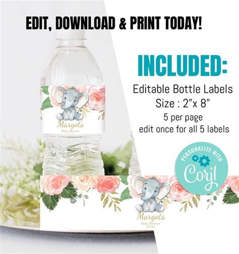 EDITABLE Elephant Baby Shower Bottle Label Girl Pink Gold Water Labels
