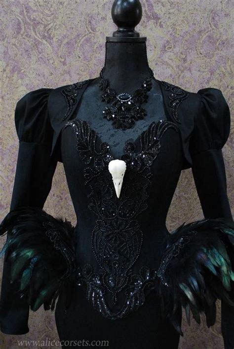 Black Swan Haute Goth Corset Dress Gothic Feathers Raven Skull Witch