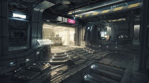 The Interior Of A Sci Fi Space Station With Stairs Lights And Other
