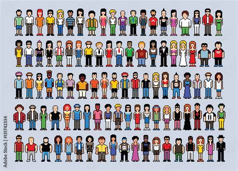 Set Of 100 Pixel Art People Avatars Video Game Style Vector