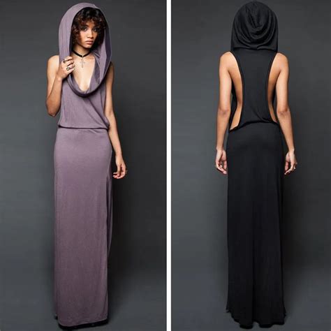 Hot Maxi Dress Women New Design Sexy Vestidos Spring Summer Dresses Solid Black Purple Hooded