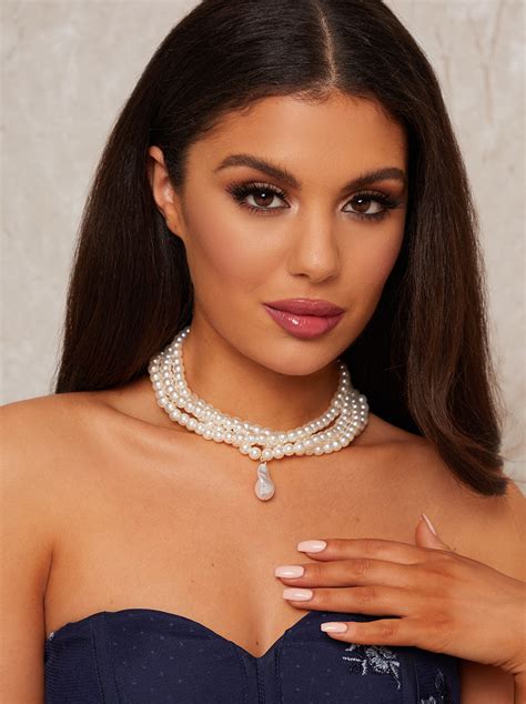 Faux Pearl Layered Necklace In White Chi Chi London