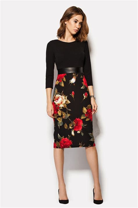 Smart Casual Dress With Roses Highwaisted Dress Floral Black Pencil