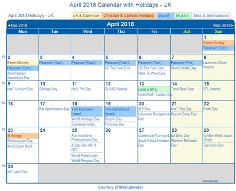Print Friendly April 2018 Uk Calendar For Printing