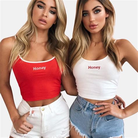 Sexy Women Crop Top Summer Honey Letter Embroidery Strap Tank Tops Cropped Feminino Ladies