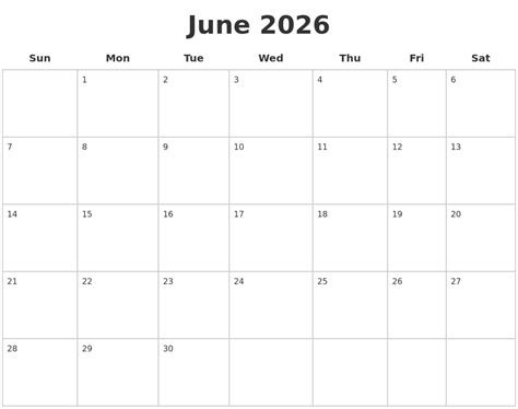 June 2026 Blank Calendar Pages