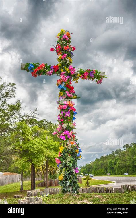 Easter Cross Covered With Flowers Stock Photo Alamy